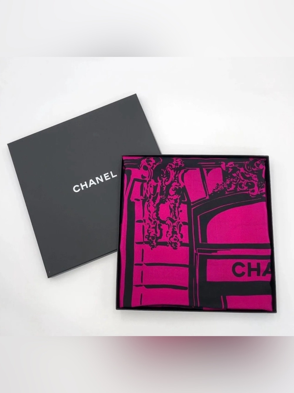 Auth Chanel Boutique Logo Pattern
Pink & Black Silk Scarf W/Box